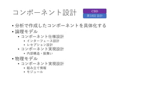 コンポーネント設計
• 分析で作成したコンポーネントを具体化する
• 論理モデル
• コンポーネント仕様設計
• インターフェース設計
• レセプション設計
• コンポーネント実現設計
• 内部構造・振舞い
• 物理モデル
• コンポーネント実現設計
• 組み⽴て情報
• モジュール
CBD
第18回 設計
 