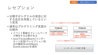 レセプション
• 分類⼦がシグナルの受信に対
する反応を⽤意しているとい
う宣⾔
• 通常はプログラミング⾔語の
仕様外
• イベント駆動のフレームワーク
で補完する必要がある
• JavaではJavaBeans(コンポー
ネント拡張)でレセプション相
当の機能(EventObject,
EventListener)を提供
再掲 第6回 動的モデル
コンポーネント仕様で定義
 