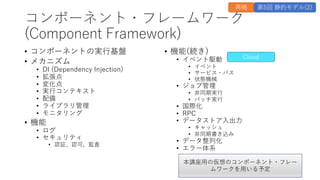 コンポーネント・フレームワーク
(Component Framework)
• コンポーネントの実⾏基盤
• メカニズム
• DI (Dependency Injection)
• 拡張点
• 変化点
• 実⾏コンテキスト
• 配備
• ライブラリ管理
• モニタリング
• 機能
• ログ
• セキュリティ
• 認証、認可、監査
• 機能(続き)
• イベント駆動
• イベント
• サービス・バス
• 状態機械
• ジョブ管理
• ⾮同期実⾏
• バッチ実⾏
• 国際化
• RPC
• データストア⼊出⼒
• キャッシュ
• ⾮同期書き込み
• データ整列化
• エラー体系
Cloud
再掲 第5回 静的モデル(2)
本講座⽤の仮想のコンポーネント・フレー
ムワークを⽤いる予定
 