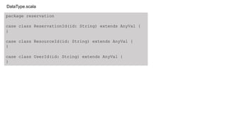 package reservation
case class ReservationId(id: String) extends AnyVal {
}
case class ResourceId(id: String) extends AnyVal {
}
case class UserId(id: String) extends AnyVal {
}
DataType.scala
 