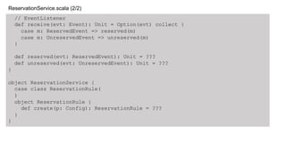 // EventListener
def receive(evt: Event): Unit = Option(evt) collect {
case m: ReservedEvent => reserved(m)
case m: UnreservedEvent => unreserved(m)
}
def reserved(evt: ReservedEvent): Unit = ???
def unreserved(evt: UnreservedEvent): Unit = ???
}
object ReservationService {
case class ReservationRule(
)
object ReservationRule {
def create(p: Config): ReservationRule = ???
}
}
ReservationService.scala (2/2)
 