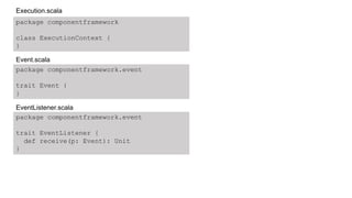 package componentframework
class ExecutionContext {
}
package componentframework.event
trait Event {
}
package componentframework.event
trait EventListener {
def receive(p: Event): Unit
}
Execution.scala
Event.scala
EventListener.scala
 