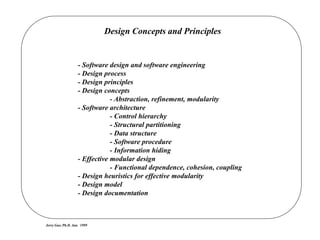 Design Concepts and Principles
Jerry Gao, Ph.D. Jan. 1999
- Software design and software engineering
- Design process
- Design principles
- Design concepts
- Abstraction, refinement, modularity
- Software architecture
- Control hierarchy
- Structural partitioning
- Data structure
- Software procedure
- Information hiding
- Effective modular design
- Functional dependence, cohesion, coupling
- Design heuristics for effective modularity
- Design model
- Design documentation
 