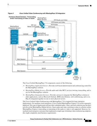 Deployment Models




Figure 3              Cisco Unified Video Conferencing with MeetingPlace 7.0 Integration

 Hardware Based Solution - Transcoding
  and/or Transrating of Video or Audio                MeetingPlace
                                                      Media Servers                RTP/Audio and Video
                                                                               RTP/Audio and Video
                                          SIP and                             RTP/Video
   MeetingPlace                      Media Control/XML                   RTP/Audio
Integration Servers

     MP Outlook
                                                      MeetingPlace
                           GWSIM
     Lotus Notes                                 MP   Application Server

      LCS Integ
                                             H.323              H.323          H.323
                                         M                                     Endpoint
       MP Web                                           GK
                                 M                M

                    CUCM 6.1+
                       Cluster       M       M                          PSTN
                                                          V


                                                        SCCP                             IP

                   Web Session                                                           CUVA

                                                               SIP
                   Web Session


                                                              SCCP                                          CUPC

                   Web Session


                                                                                                                        Cisco


                                                                                                                                    226626
                                                                                                                      IP 7985G
                                                                                                                        Phone

                          The Cisco Unified MeetingPlace 7.0 components consist of the following:
                           •     MeetingPlace Application Server—Provides web-based administration and conferencing control for
                                 the MeetingPlace solution.
                           •     MeetingPlace Media Servers—Provide audio and video MCU services (mixing, transcoding, and so
                                 on) for the MeetingPlace solution.
                           •     MeetingPlace Integration Services—Provides services to integrate the MeetingPlace solution to
                                 other applications, such as Microsoft Outlook, IBM Lotus Domino, web conferencing, and so on.
                                 May be integrated together on one or more physical servers.
                          The Cisco Unified Video Conferencing with MeetingPlace 7.0 is targeted for large enterprise
                          deployments. For medium-sized enterprises, Cisco Unified MeetingPlace Express 2.0 can be separately
                          deployed. This type of deployment still provides scheduled audio, video, and web conferencing, but does
                          not rely on the MeetingPlace Media Servers. Since audio and video switching is done in software within
                          MeetingPlace Express, transcoding or transrating of the audio or video is not supported. However, for
                          medium sized enterprise customers that implement a single type of desktop video conferencing endpoint,
                          this might completely meet business requirements.


                                         Design Considerations for Desktop Video Collaboration over a PIN Architecture—Solution Overview
  OL-17327-01                                                                                                                                  9
 
