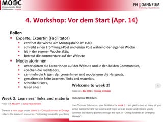 Design des cope14 MOOC, Jutta Pauschenwein & Erika Pernold, 3. Tag der Lehre, FH St. Pölten, Okt. 14 9 
4. Workshop: Vor dem Start (Apr. 14) 
Rollen 
Experte, Expertin(Facilitator) 
eröffnetdie Wocheam MontagabendimHAO, 
schreibteinenEröffnungs-Post und einenPost währendder eigenenWoche 
istin der eigenenWocheaktiv, 
betreutdie Kommentareauf der Website 
Moderatorinnen 
unterstützendie LernerInnenauf der Website und in den beidenCommunities, 
coachendie Facilitators, 
sammelndie Fragender LernerInnenund moderierendie Hangouts, 
gestaltendie SeiteLearners’ links and materials, 
schreibenPosts, 
lesenalles!  