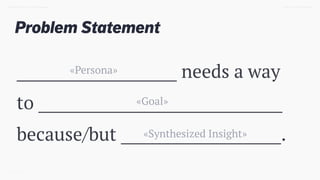 TWEET @SKOTCARRUTHDESIGN DOING > DESIGN THINKING
_____________________ needs a way
to ________________________________ 
because/but _____________________.
Problem Statement
«Persona»
«Goal»
«Synthesized Insight»
 
