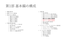 第1部 基本編の構成
• 概論 [第1回]
• 開発プロセス [第2回]
• 基本モデル [第3回]
• 静的モデル(1) [第4回]
• 静的モデル(2) [第5回]
• 動的モデル [第6回]
• 協調モデル [第7回]
• 関数モデル [第8回]
• 物理モデル [第9回]
• 作業分野 [第10回]
• ビジネス・モデリング [第11回]
• 要求 [第12回]
• 要求/ユースケース [第13回]
• 要求/シナリオ [第14回]
• 分析 [第15回]
• 分析/コンポーネント分析 [第16回]
• 分析/イベント駆動 [第17回]
• 作業分野
• 設計 [第18回]
• 設計/アーキテクチャ設計 [第19回]
• 設計/コンポーネント設計(1) [第20回]
• 設計/コンポーネント設計(2) [第21回]
• 設計/コンポーネント設計(3) [第22回]
• 設計/ドメイン設計(1) [第23回]
• 設計/ドメイン設計(2) [第24回]
• 設計/ドメイン設計(3) [第25回]
• 設計/ UX/UI設計 [第26回]
• 実装 [第27回]
• テスト [第28回]
• アプリケーション・アーキテクチャ [第29回]
• ドメイン・モデル [第30回]
• アプリケーション・モデル [第31回]
• プレゼンテーション・モデル [第32回]
• ケーススタディ[第33回]
• 要求モデル [第34回]
• 分析モデル [第35回]
• 設計モデル [第36回]
• 実装 [第37回]
• テスト [第38回]
 