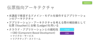 伝票指向アーキテクチャ
• 本講座で推奨するドメイン・モデルを操作するアプリケーショ
ンのアーキテクチャ
• アプリケーション・アーキテクチャを考える際の補助線として
伝票 (Voucher)と台帳 (Ledger)を⽤いる
• クラウド・アプリケーションとの親和性
• CBD (Component-Based Development)
• マイクロ・サービス
• リアクティブ・ストリーム
SM2021
Cloud
CBD
 