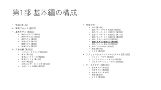第1部 基本編の構成
• 概論 [第1回]
• 開発プロセス [第2回]
• 基本モデル [第3回]
• 静的モデル(1) [第4回]
• 静的モデル(2) [第5回]
• 動的モデル [第6回]
• 協調モデル [第7回]
• 関数モデル [...