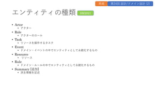 エンティティの種類
• Actor
• アクター
• Role
• アクターのロール
• Task
• リソースを操作するタスク
• Event
• ドメイン・イベントの中でエンティティとして永続化するもの
• Resource
• リソース
• Rule
• ドメイン・ルールの中でエンティティとして永続化するもの
• Summary [追加]
• 派⽣情報を記述
SM2021
再掲 第24回 設計/ドメイン設計 (2)
 