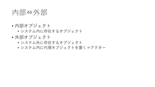 内部⇔外部
• 内部オブジェクト
• システム内に存在するオブジェクト
• 外部オブジェクト
• システム外に存在するオブジェクト
• システム内に代理オブジェクトを置く⇒アクター
 