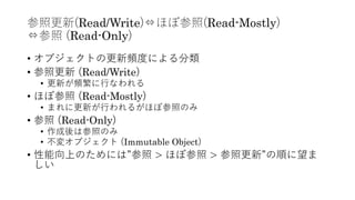 参照更新(Read/Write)⇔ほぼ参照(Read-Mostly)
⇔参照 (Read-Only)
• オブジェクトの更新頻度による分類
• 参照更新 (Read/Write)
• 更新が頻繁に⾏なわれる
• ほぼ参照 (Read-Mostly)
• まれに更新が⾏われるがほぼ参照のみ
• 参照 (Read-Only)
• 作成後は参照のみ
• 不変オブジェクト (Immutable Object)
• 性能向上のためには”参照 > ほぼ参照 > 参照更新”の順に望ま
しい
 