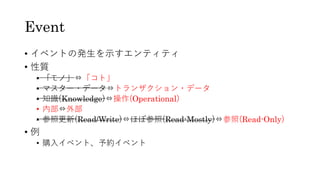 Event
• イベントの発⽣を⽰すエンティティ
• 性質
• 「モノ」⇔「コト」
• マスター・データ⇔トランザクション・データ
• 知識(Knowledge)⇔操作(Operational)
• 内部⇔外部
• 参照更新(Read/Write)⇔ほぼ参照(Read-Mostly)⇔参照(Read-Only)
• 例
• 購⼊イベント、予約イベント
 