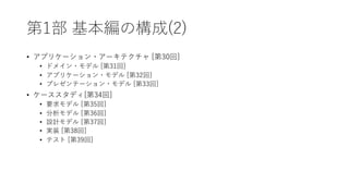 第1部 基本編の構成(2)
• アプリケーション・アーキテクチャ [第30回]
• ドメイン・モデル [第31回]
• アプリケーション・モデル [第32回]
• プレゼンテーション・モデル [第33回]
• ケーススタディ[第34回]
• 要求モデル [第35回]
• 分析モデル [第36回]
• 設計モデル [第37回]
• 実装 [第38回]
• テスト [第39回]
 