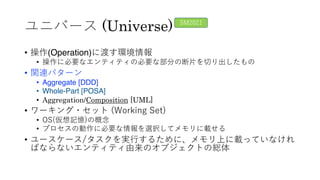 ユニバース (Universe)
• 操作(Operation)に渡す環境情報
• 操作に必要なエンティティの必要な部分の断⽚を切り出したもの
• 関連パターン
• Aggregate [DDD]
• Whole-Part [POSA]
• Aggregation/Composition [UML]
• ワーキング・セット (Working Set)
• OS(仮想記憶)の概念
• プロセスの動作に必要な情報を選択してメモリに載せる
• ユースケース/タスクを実⾏するために、メモリ上に載っていなけれ
ばならないエンティティ由来のオブジェクトの総体
SM2021
 
