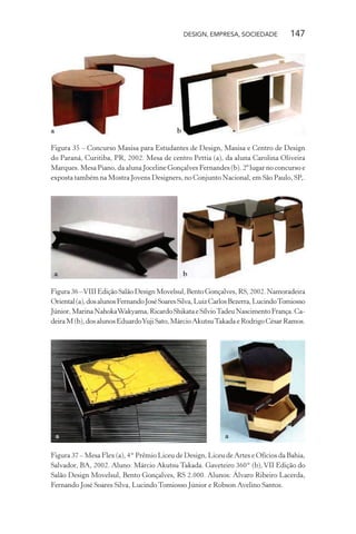 DESIGN, EMPRESA, SOCIEDADE 147
a b
Figura 35 – Concurso Masisa para Estudantes de Design, Masisa e Centro de Design
do Paraná, Curitiba, PR, 2002. Mesa de centro Pettia (a), da aluna Carolina Oliveira
Marques. Mesa Piano, da aluna Joceline Gonçalves Fernandes (b). 2º lugar no concurso e
exposta também na Mostra Jovens Designers, no Conjunto Nacional, em São Paulo, SP,.
a b
Figura 36 –VIII Edição Salão Design Movelsul, Bento Gonçalves, RS, 2002. Namoradeira
Oriental(a),dosalunosFernandoJoséSoaresSilva,LuizCarlosBezerra,LucindoTomiosso
Júnior,MarinaNahokaWakyama,RicardoShikataeSílvioTadeuNascimentoFrança.Ca-
deiraM(b),dosalunosEduardoYujiSato,MárcioAkutsuTakadaeRodrigoCésarRamos.
a a
Figura 37 – Mesa Flex (a), 4° Prêmio Liceu de Design, Liceu de Artes e Ofícios da Bahia,
Salvador, BA, 2002. Aluno: Márcio Akutsu Takada. Gaveteiro 360° (b), VII Edição do
Salão Design Movelsul, Bento Gonçalves, RS 2.000. Alunos: Álvaro Ribeiro Lacerda,
Fernando José Soares Silva, Lucindo Tomiosso Júnior e Robson Avelino Santos.
 