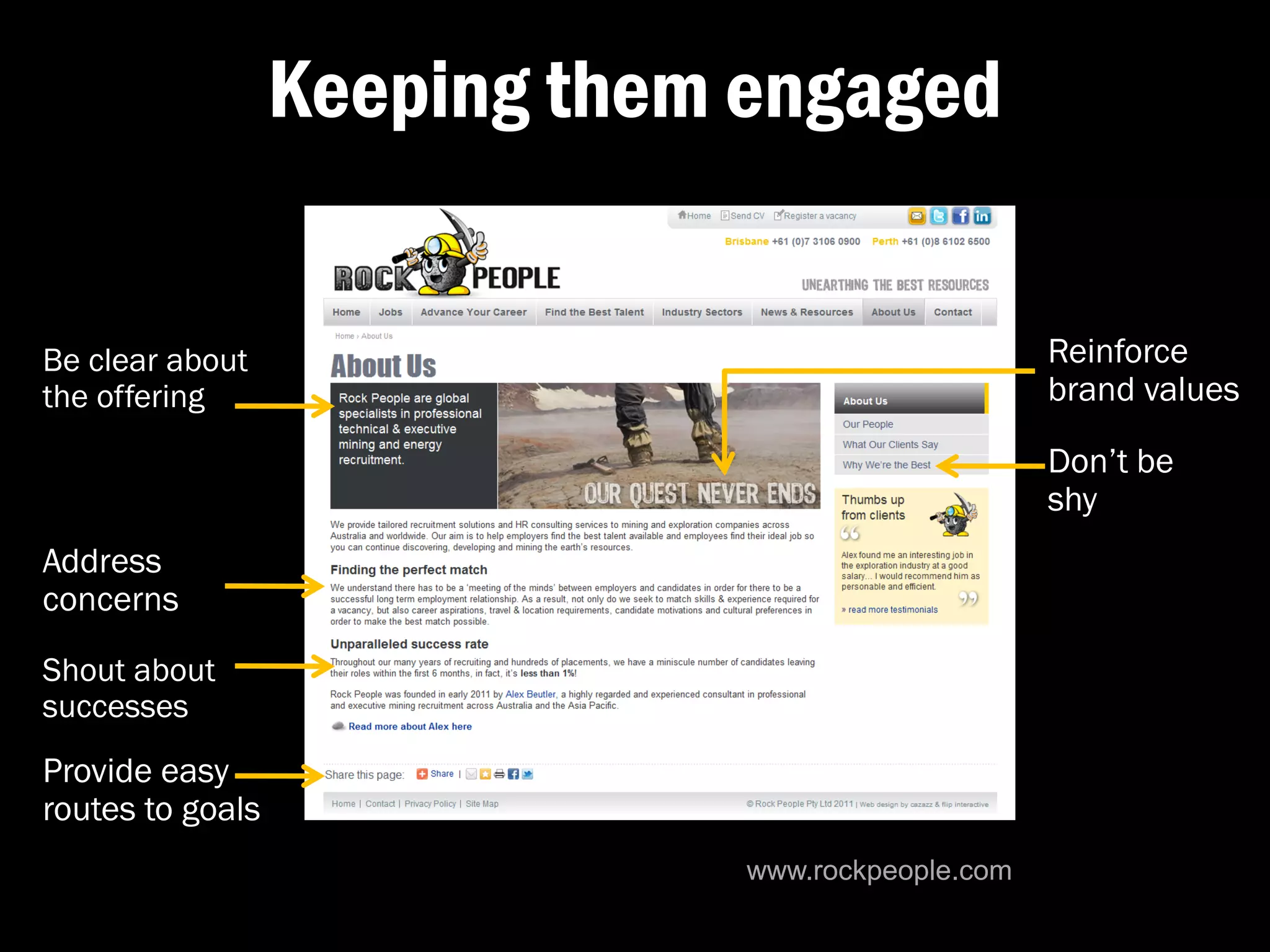 Keeping them engaged


Be clear about                                      Reinforce
the offering                                        brand values

                                                    Don’t be
                                                    shy
Address
concerns
Shout about
successes
Provide easy
routes to goals
                               www.rockpeople.com
 