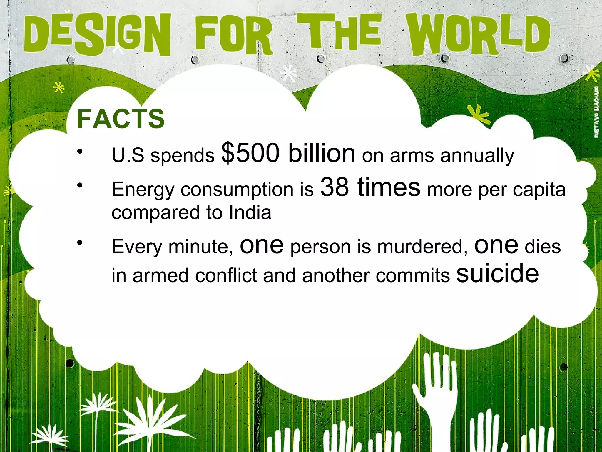 FACTS U.S spends  $500 billion  on arms annually Energy consumption is  38 times  more per capita compared to India Every minute,  one  person is murdered,  one  dies in armed conflict and another commits  suicide 