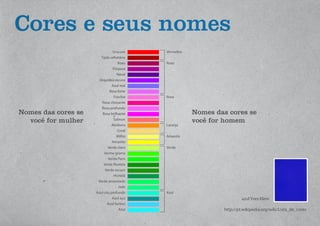 Cores e seus nomes
http://pt.wikipedia.org/wiki/Lista_de_cores
azul Yves Klein
Urucum
Tijolo refratário
Roxo
Púrpura
Naval
Orquídea escura
Azul real
Rosa forte
Fúschia
Rosa chocante
Rosa profundo
Rosa brilhante
Salmon
Abóbora
Coral
Milho
Amarelo
Verde claro
Verme grama
Verde Paris
Verde floresta
Verde escuro
Hortelã
Verde amarelado
Jade
Azul céu profundo
Azul aço
Azul furtivo
Azul
Vermelho
Roxo
Rosa
Laranja
Amarelo
Verde
Azul
Nomes das cores se
você for mulher
Nomes das cores se
você for homem
 