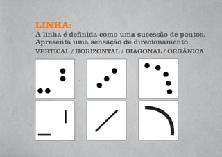 LINHA:
A linha é definida como uma sucessão de pontos.
Apresenta uma sensação de direcionamento.
VERTICAL / HORIZONTAL / DIAGONAL / ORGÂNICA
 