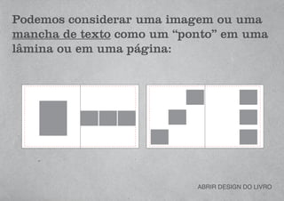 Podemos considerar uma imagem ou uma
mancha de texto como um “ponto” em uma
lâmina ou em uma página:
ABRIR DESIGN DO LIVRO
 
