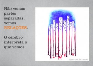 Não vemos
partes
separadas,
vemos
RELAÇÕES.
O cérebro
interpreta o
que vemos.
 