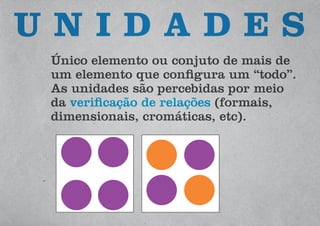 U N I D A D E S
Único elemento ou conjuto de mais de
um elemento que configura um “todo”.
As unidades são percebidas por meio
da verificação de relações (formais,
dimensionais, cromáticas, etc).
 