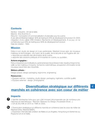 Contexte
Secteur : Industrie - Art de la table.
Marché : B to B et B to C.
Résumé : Conception et commercialisation d’ustensiles pour la cuisine.
À ses débuts Mastrad réalisait 80% de trading et 20% de développement produit. En 2005
intégration d’une cellule CRD (Création Recherche et Développement). À ce jour, on ne
compte plus que 20% de trading pour 80% de développement produit.
Date de création : 1994.
Mission
Grâce à son studio de design et à ses partenariats, Mastrad innove avec de nouveaux
matériaux et technologies, une fusion de la qualité, de la sécurité et de l’hygiène afin de :
> répondre aux attentes des aficionados de la cuisine,
> apporter des solutions pratiques et innovantes en cuisine, au quotidien.
Actions engagées :
Retourd’expériencesd’utilisateurs,partenariataveclesprofessionnels,travailsurl’ergonomie,
veille sur les matériaux innovants, recherche colorimétrique, prospection d’innovation et de
nouveaux savoir-faire des industriels.
Métiers utilisés :
Design produit, design packaging, ergonomie, engineering.
Ressources :
> Équipes internes : marketing, studio design, packaging, ingénierie, contrôle qualité.
> Équipes externes : design, photographie.
Impacts
> Identité d’entreprise forte pour son côté innovant (récompensée par de nombreux prix
nationaux et internationaux : Red Dot, Oberveur du Design, Houseware Show…),
> CA de 26.3 M€ en 2014 vs 11M€ en 2005.
> Diversication stratégique sur différents marchés en cohérence avec le coeur de métier de
Mastrad (Orka, Mastrad BABY),
> Expansion internationale (création de filiales à Los Angeles, Hong Kong et d’antennes au
Royaume-Uni et en Italie).
Diversification stratégique sur différents
marchés en cohérence avec son coeur de métier
 