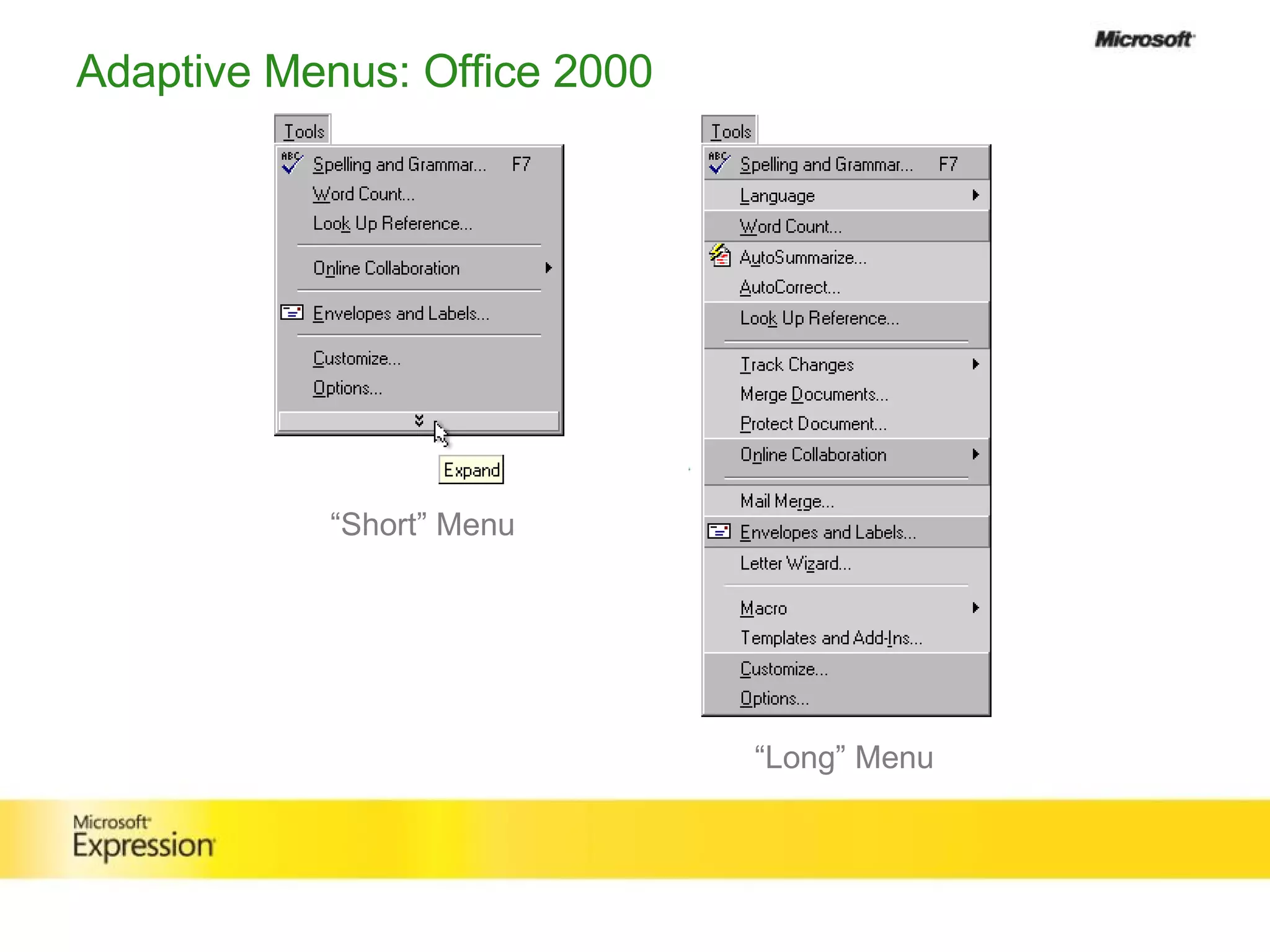 Adaptive Menus: Office 2000 “ Long” Menu “ Short” Menu 