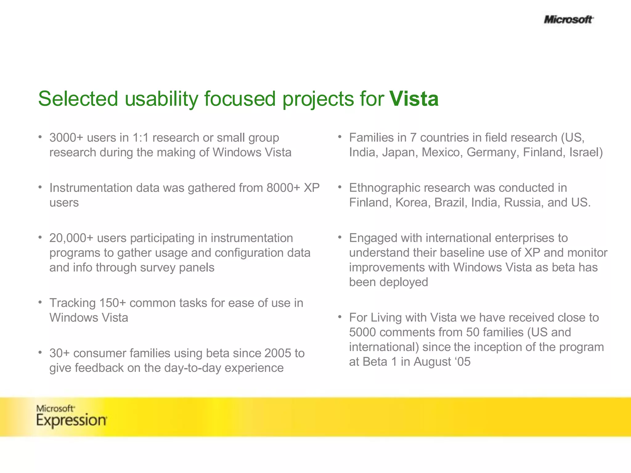 Selected usability focused projects for  Vista 3000+ users in 1:1 research or small group research during the making of Windows Vista Instrumentation data was gathered from 8000+ XP users  20,000+ users participating in instrumentation programs to gather usage and configuration data and info through survey panels   Tracking 150+ common tasks for ease of use in Windows Vista 30+ consumer families using beta since 2005 to give feedback on the day-to-day experience Families in 7 countries in field research (US, India, Japan, Mexico, Germany, Finland, Israel) Ethnographic research was conducted in Finland, Korea, Brazil, India, Russia, and US.  Engaged with international enterprises to understand their baseline use of XP and monitor improvements with Windows Vista as beta has been deployed For Living with Vista we have received close to 5000 comments from 50 families (US and international) since the inception of the program at Beta 1 in August ‘05 
