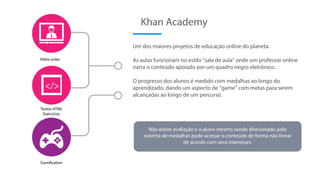 Um dos maiores projetos de educação online do planeta.
As aulas funcionam no estilo “sala de aula” onde um professor online
narra o conteúdo apoiado por um quadro negro eletrônico.
O progresso dos alunos é medido com medalhas ao longo do
aprendizado, dando um aspecto de “game” com metas para serem
alcançadas ao longo de um percurso.
Khan Academy
Vídeo-aulas
Textos HTML
Exercícios
Gamification
</>
Não existe avaliação e o aluno mesmo sendo direcionado pelo
sistema de medalhas pode acessar o conteúdo de forma não linear
de acordo com seus interesses.
 