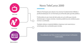 Oferece formação para alunos nos ensinos Fundamental e Médio e
profissionalização em um formato já conhecido pelo grande público.
É oferecido em por meio de tele aulas em um estilo que mescla
dramaturgia e mapas mentais. Usando problemas do cotidiano para
ensinar o conteúdo.
Também oferece material didático impresso com exercícios e
sintetização dos conteúdos para revisão.
Novo TeleCurso 2000
Vídeo-aulas
As avaliações são feitas de forma presencial por instituições
credenciadas.
Dramaturgia
Material didático
 
