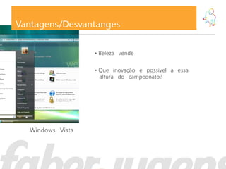 Vantagens/Desvantanges

                  • Beleza vende


                  • Que inovação é possível a essa
                    altura do campeonato?




  Windows Vista
 