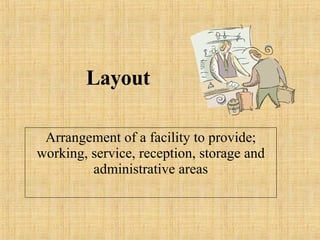 Layout Arrangement of a facility to provide; working, service, reception, storage and administrative areas 