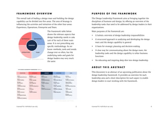 F R A M E W O R K O V E R V I E W
The overall task of leading a design team and building the design
capability can be divided into five areas. The area of Strategy is
influencing the activities and initiatives of the other four areas:
Experience, Operations, Enterprise and Team.
The framework table below
shows the relevant aspects that
design leadership needs to take
care of for each of these main
areas. It is not prescribing any
specific methodology. As we
know: methods, tools and trends
change ever so often, but the
underlying tasks and goals for
design leaders stay very much
the same.
Licensed for individual use only 3
P U R P O S E O F T H E F R A M E W O R K
The Design Leadership Framework aims at bringing together the
disciplines of business and design, by oﬀering an overview of the
leadership tasks that need to be addressed by design leaders in their
organizations.
Main purposes of the framework are:
• A holistic overview of design leadership responsibilities
• A structured approach to analyzing and developing the design
team and the design capability in general
• A basis for strategic planning and decision-making
• A clear way for communicating about the design team, the
leadership tasks and the design capability to other business
functions
• An educating and inspiring deep dive into design leadership
A B O U T T H I S A B S T R A C T
This document is an abstract of an upcoming publication about the
design leadership framework. It provides an overview for each
leadership area and a short description for each aspect to enable
design leaders to start working with the framework.
Licensed for individual use only 4
 