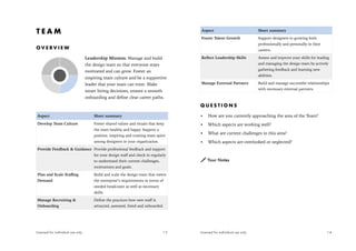 T E A M
O V E R V I E W
Leadership Mission: Manage and build
the design team so that everyone stays
motivated and can grow. Foster an
inspiring team culture and be a supportive
leader that your team can trust. Make
smart hiring decisions, ensure a smooth
onboarding and define clear career paths.
Aspect Short summary
Develop Team Culture Foster shared values and rituals that keep
the team healthy and happy. Support a
positive, inspiring and trusting team spirit
among designers in your organization.
Provide Feedback & Guidance Provide professional feedback and support
for your design staﬀ and check in regularly
to understand their current challenges,
motivations and goals.
Plan and Scale Staﬃng
Demand
Build and scale the design team that meets
the enterprise’s requirements in terms of
needed headcount as well as necessary
skills.
Manage Recruiting &
Onboarding
Define the practices how new staﬀ is
attracted, assessed, hired and onboarded.
Licensed for individual use only 13
Q U E S T I O N S
• How are you currently approaching the area of the Team?
• Which aspects are working well?
• What are current challenges in this area?
• Which aspects are overlooked or neglected?
! Your Notes
Foster Talent Growth Support designers in growing both
professionally and personally in their
careers.
Reflect Leadership Skills Assess and improve your skills for leading
and managing the design team by actively
gathering feedback and learning new
abilities.
Manage External Partners Build and manage successful relationships
with necessary external partners.
Aspect Short summary
Licensed for individual use only 14
 