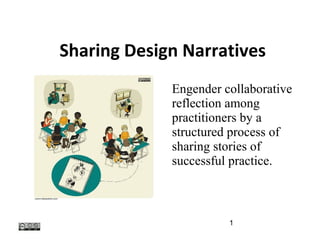 Sharing Design Narratives
                              Engender collaborative
                              reflection among
                              practitioners by a
                              structured process of
                              sharing stories of
                              successful practice.


  http://www.slideshare.net/yish/design-narratives
                                                1
 
