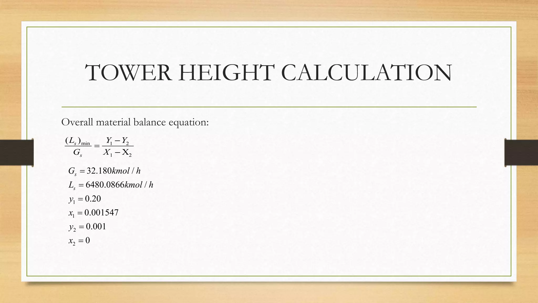 TOWER HEIGHT CALCULATION
Overall material balance equation:
min 1 2
1 2
( )
X
s
s
L Y Y
G X



1
1
2
2
32.180 /
6480.0866 /
0.20
0.001547
0.001
0
s
s
G kmol h
L kmol h
y
x
y
x






 