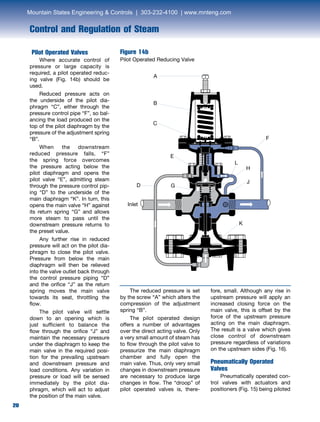 20
fore, small. Although any rise in
upstream pressure will apply an
increased closing force on the
main valve, this is offset by the
force of the upstream pressure
acting on the main diaphragm.
The result is a valve which gives
close control of downstream
pressure regardless of variations
on the upstream sides (Fig. 16).
Pneumatically Operated
Valves
	 Pneumatically operated con-
trol valves with actuators and
positioners (Fig. 15) being piloted
Control and Regulation of Steam
20
Pilot Operated Valves
	 Where accurate control of
pressure or large capacity is
required, a pilot operated reduc-
ing valve (Fig. 14b) should be
used.
	 Reduced pressure acts on
the underside of the pilot dia-
phragm “C”, either through the
pressure control pipe “F”, so bal-
ancing the load produced on the
top of the pilot diaphragm by the
pressure of the adjustment spring
“B”.
	 When the downstream
reduced pressure falls, “F”
the spring force overcomes
the pressure acting below the
pilot diaphragm and opens the
pilot valve “E”, admitting steam
through the pressure control pip-
ing “D” to the underside of the
main diaphragm “K”. In turn, this
opens the main valve “H” against
its return spring “G” and allows
more steam to pass until the
downstream pressure returns to
the preset value.
	 Any further rise in reduced
pressure will act on the pilot dia-
phragm to close the pilot valve.
Pressure from below the main
diaphragm will then be relieved
into the valve outlet back through
the control pressure piping “D”
and the orifice “J” as the return
spring moves the main valve
towards its seat, throttling the
flow.
	 The pilot valve will settle
down to an opening which is
just sufficient to balance the
flow through the orifice “J” and
maintain the necessary pressure
under the diaphragm to keep the
main valve in the required posi-
tion for the prevailing upstream
and downstream pressure and
load conditions. Any variation in
pressure or load will be sensed
immediately by the pilot dia-
phragm, which will act to adjust
the position of the main valve.
	 The reduced pressure is set
by the screw “A” which alters the
compression of the adjustment
spring “B”.
	 The pilot operated design
offers a number of advantages
over the direct acting valve. Only
a very small amount of steam has
to flow through the pilot valve to
pressurize the main diaphragm
chamber and fully open the
main valve. Thus, only very small
changes in downstream pressure
are necessary to produce large
changes in flow. The “droop” of
pilot operated valves is, there-
Figure 14b
Pilot Operated Reducing Valve
A
B
C
D
E
G
A F
H
J
K
Inlet
L
Mountain States Engineering  Controls | 303-232-4100 | www.mnteng.com
 