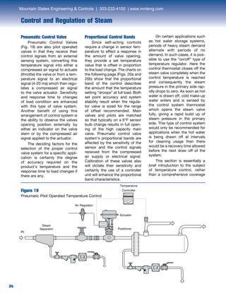 24
Control and Regulation of Steam
24
Pneumatic Control Valve
	 Pneumatic Control Valves
(Fig. 19) are also pilot operated
valves in that they receive their
control signals from an external
sensing system, converting this
temperature signal into either a
compressed air signal to actuate
(throttle) the valve or from a tem-
perature signal to an electrical
signal (4-20 ma) which then regu-
lates a compressed air signal
to the valve actuator. Sensitivity
and response time to changes
of load condition are enhanced
with this type of valve system.
Another benefit of using this
arrangement of control system is
the ability to observe the valves
opening position externally by
either an indicator on the valve
stem or by the compressed air
signal applied to the actuator.
	 The deciding factors for the
selection of the proper control
valve system for a specific appli-
cation is certainly the degree
of accuracy required on the
product’s temperature and the
response time to load changes if
there are any.
Figure 19
Pneumatic Pilot Operated Temperature Control
Proportional Control Bands
	 Since self-acting controls
require a change in sensor tem-
perature to effect a response in
the amount of valve opening,
they provide a set temperature
value that is offset in proportion
to the load change. The charts on
the following page (Figs. 20a and
20b) show that the proportional
band of the control describes
the amount that the temperature
setting “droops” at full load. Both
set point accuracy and system
stability result when the regula-
tor valve is sized for the range
of offset recommended. Main
valves and pilots are matched
so that typically on a 6°F sensor
bulb change results in full open-
ing of the high capacity main
valve. Pneumatic control valve
system’s proportional bands are
affected by the sensitivity of the
sensor and the control signals
received from the compressed
air supply or electrical signal.
Calibration of these valves also
will dictate their sensitivity and
certainly the use of a controller
unit will enhance the proportional
band characteristics.
	 On certain applications such
as hot water storage systems,
periods of heavy steam demand
alternate with periods of no
demand. In such cases, it is pos-
sible to use the “on/off” type of
temperature regulator. Here the
control thermostat closes off the
steam valve completely when the
control temperature is reached
and consequently the steam
pressure in the primary side rap-
idly drops to zero. As soon as hot
water is drawn off, cold make-up
water enters and is sensed by
the control system thermostat
which opens the steam valve
fully, giving a rapid build up of
steam pressure in the primary
side. This type of control system
would only be recommended for
applications when the hot water
is being drawn off at intervals
for cleaning usage then there
would be a recovery time allowed
before the next draw off of the
system.
	 This section is essentially a
brief introduction to the subject
of temperature control, rather
than a comprehensive coverage
Steam
Separator Positioner
Actuator
Air Regulator
Temperature
Controller
IN
Mountain States Engineering  Controls | 303-232-4100 | www.mnteng.com
 