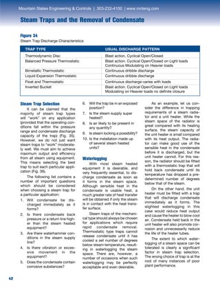 42
Steam Traps and the Removal of Condensate
Figure 34
Steam Trap Discharge Characteristics
Steam Trap Selection
	 It can be claimed that the
majority of steam trap types
will “work” on any application
(provided that the operating con-
ditions fall within the pressure
range and condensate discharge
capacity of the trap) (Fig. 35).
However, we do not just want
steam traps to “work” moderate-
ly well. We must aim to achieve
maximum output and efficiency
from all steam using equipment.
This means selecting the best
trap to suit each particular appli-
cation (Fig. 36).
	 The following list contains a
number of important questions
which should be considered
when choosing a steam trap for
a particular application:
1.	Will condensate be dis-
charged immediately as it
forms?
2.	Is there condensate back
pressure or a return line high-
er than the steam heated
equipment?
3.	Are there waterhammer con-
ditions in the steam supply
line?
4.	Is there vibration or exces-
sive movement in the
equipment?
5.	Does the condensate contain
corrosive substances?
6.	Will the trap be in an exposed
position?
7.	 Is the steam supply super		
	heated?
8.	 Is air likely to be present in 		
	 any quantity?
9.	 Is steam locking a possibility?
10.	Is the installation made up 		
	 of several steam heated 		
	units?
Waterlogging
	 With most steam heated
equipment it is desirable, and
very frequently essential, to dis-
charge condensate as soon as
it forms in the steam space.
Although sensible heat in the
condensate is usable heat, a
much greater rate of heat transfer
will be obtained if only the steam
is in contact with the heat trans-
fer surface.
	 Steam traps of the mechani-
cal type should always be chosen
for applications which require
rapid condensate removal.
Thermostatic type traps cannot
release condensate until it has
cooled a set number of degrees
below steam temperature, result-
ing in waterlogging the steam
space. There are, however, a
number of occasions when such
waterlogging may be perfectly
acceptable and even desirable.
	 As an example, let us con-
sider the difference in trapping
requirements of a steam radia-
tor and a unit heater. While the
steam space of the radiator is
great compared with its heating
surface, the steam capacity of
the unit heater is small compared
with its heat output. The radia-
tor can make good use of the
sensible heat in the condensate
before it is discharged, but the
unit heater cannot. For this rea-
son, the radiator should be fitted
with a thermostatic trap that will
hold back condensate until its
temperature has dropped a pre-
determined number of degrees
below that of the steam.
	 On the other hand, the unit
heater must be fitted with a trap
that will discharge condensate
immediately as it forms. The
slightest waterlogging in this
case would reduce heat output
and cause the heater to blow cool
air. Condensate held back in the
unit heater will also promote cor-
rosion and unnecessarily reduce
the life of the heater tubes.
	 The extent to which water-
logging of a steam space can be
tolerated is clearly a significant
factor in steam trap selection.
The wrong choice of trap is at the
root of many instances of poor
plant performance.
TRAP TYPE					USUAL DISCHARGE PATTERN
Thermodynamic Disc				 Blast action. Cyclical Open/Closed
Balanced Pressure Thermostatic		 Blast action. Cyclical Open/Closed on Light loads
						Continuous Modulating on Heavier loads
Bimetallic Thermostatic				 Continuous dribble discharge
Liquid Expansion Thermostatic			 Continuous dribble discharge
Float and Thermostatic 				 Continuous discharge-varies with loads
Inverted Bucket					 Blast action. Cyclical Open/Closed on Light loads
						 Modulating on Heavier loads no definite closure
Mountain States Engineering  Controls | 303-232-4100 | www.mnteng.com
 