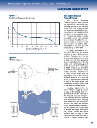 59
Condensate Management
Figure 57
Solubility of Oxygen in Condensate
Non Electric Pressure
Powered Pumps
	 Non Electric Pressure
Powered Pumps have become
the state of art method of con-
densate pumping in industry
today. This type of pump does
not require any electrical connec-
tions, has no high speed rotating
impellers, no temperature sensi-
tive mechanical seals or large
oversized receivers for storage
of condensate (Fig. 58). The non-
electric pressure powered pump
can operate on steam, com-
pressed air or any inert gas with
pressures up to 300 PSIG.
	 In “open” atmospheric sys-
tems (Fig. 59), there are several
benefits to using this pumping
system. Receivers are not as
large, condensate does not have
to cool down before pumping,
the pump can be installed directly
below heat exchange equipment
and will handle the condensate
at 212°F without any cavitation
or mechanical problems. There
is still a need for a small receiver
to allow steam traps that are
discharging into it to sense a
common pressure of 0 PSIG so
as not to apply any backpressure
to any of the steam traps. The
condensate is then pumped back
to the boiler house for re-use.
	 Industry requirements for
more efficient usage of steam
energy is demanding that con-
densate not only be returned at
the highest possible tempera-
tures, but that there are less and
less atmospheric vents allowing
flash steam to be lost. To accom-
modate this need for efficient
usage and the need for increas-
ing equipment life expectancy
of all heat exchange equipment,
the “closed” system (Fig. 60) of
removal and recovery of con-
densate is becoming the design
criteria. In “closed” systems con-
Figure 58
PTF/PTC Features
30	 50	 70	 90	 110	130	150	170	190	210
Condensate Temperature °F
10
8
6
4
2
0
OxygenContentPPM
Valve
Changeover
Mechanism
Check Valve
Check Valve
Inlet Port Outlet Port
Float and
Mechanism
Ductile Iron or
Fabricated ASME
Steel Body
Mountain States Engineering  Controls | 303-232-4100 | www.mnteng.com
 