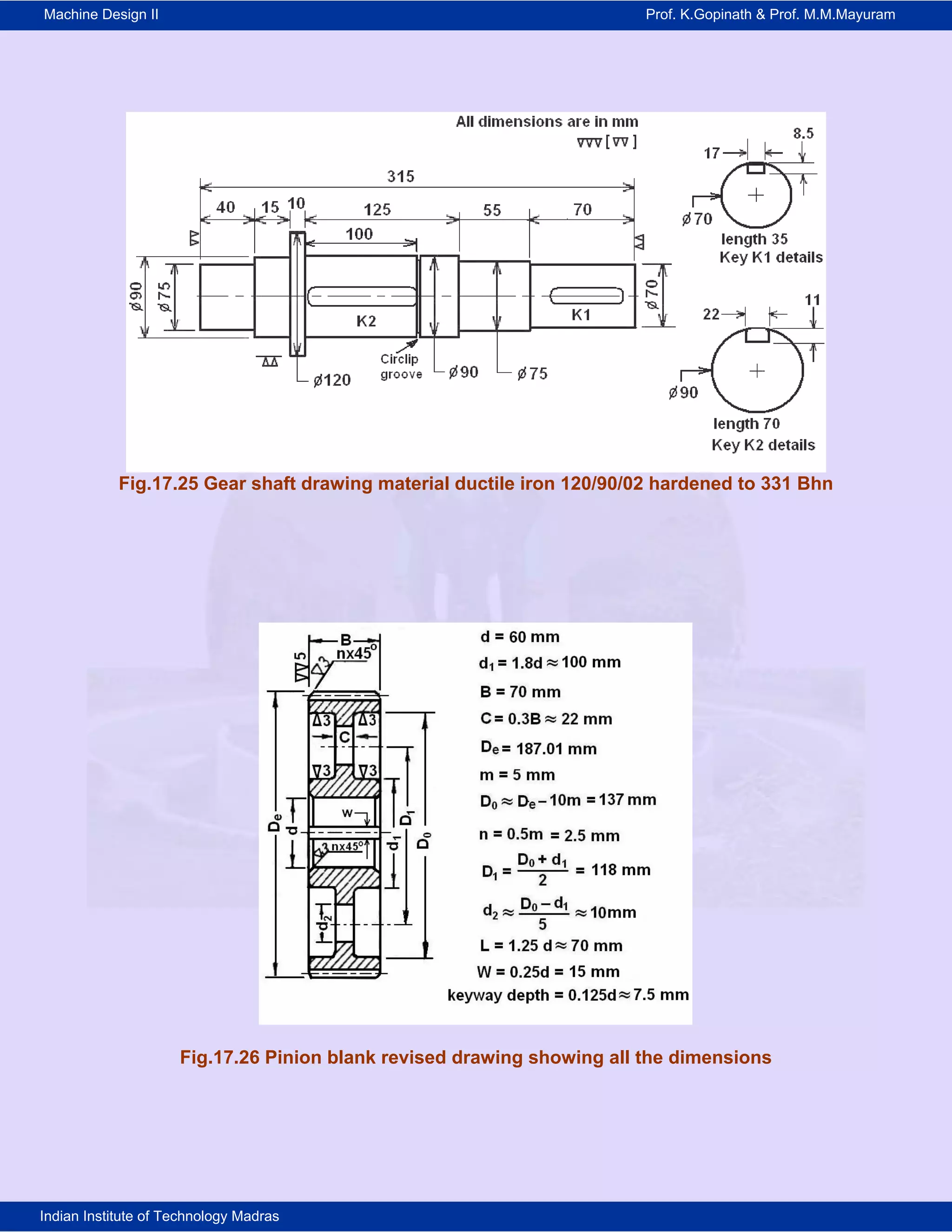 Machine Design II Prof. K.Gopinath & Prof. M.M.Mayuram
Indian Institute of Technology Madras
Fig.17.25 Gear shaft drawing material ductile iron 120/90/02 hardened to 331 Bhn
Fig.17.26 Pinion blank revised drawing showing all the dimensions
 