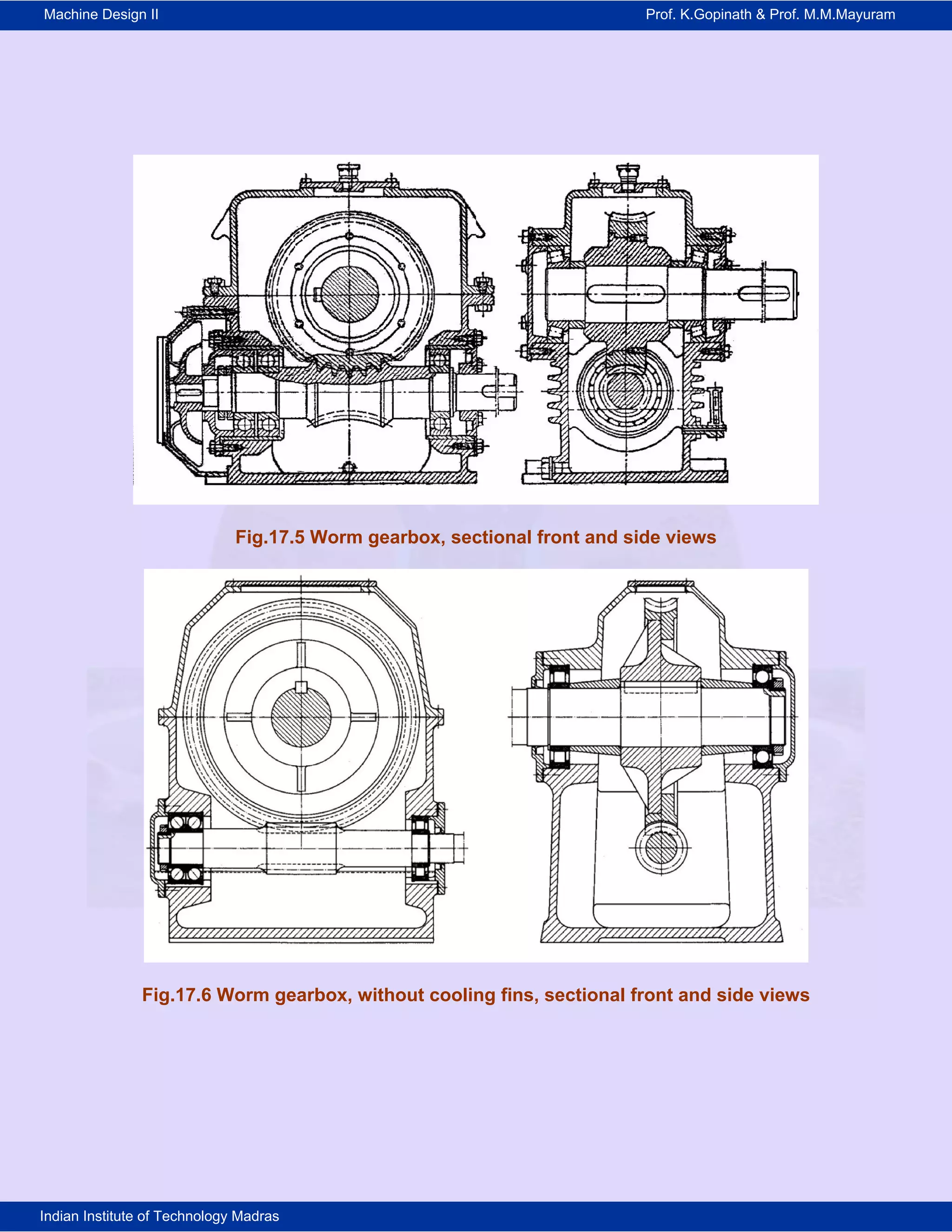 Machine Design II Prof. K.Gopinath & Prof. M.M.Mayuram
Indian Institute of Technology Madras
Fig.17.5 Worm gearbox, sectional front and side views
Fig.17.6 Worm gearbox, without cooling fins, sectional front and side views
 