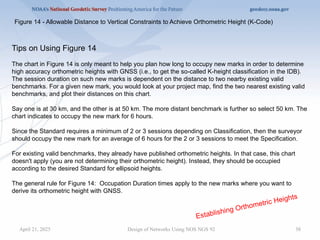 38
Design of Networks Using NOS NGS 92
Figure 14 - Allowable Distance to Vertical Constraints to Achieve Orthometric Height (K-Code)
Establishing Orthometric Heights
Tips on Using Figure 14
The chart in Figure 14 is only meant to help you plan how long to occupy new marks in order to determine
high accuracy orthometric heights with GNSS (i.e., to get the so-called K-height classification in the IDB).
The session duration on such new marks is dependent on the distance to two nearby existing valid
benchmarks. For a given new mark, you would look at your project map, find the two nearest existing valid
benchmarks, and plot their distances on this chart.
Say one is at 30 km, and the other is at 50 km. The more distant benchmark is further so select 50 km. The
chart indicates to occupy the new mark for 6 hours.
Since the Standard requires a minimum of 2 or 3 sessions depending on Classification, then the surveyor
should occupy the new mark for an average of 6 hours for the 2 or 3 sessions to meet the Specification.
For existing valid benchmarks, they already have published orthometric heights. In that case, this chart
doesn't apply (you are not determining their orthometric height). Instead, they should be occupied
according to the desired Standard for ellipsoid heights.
The general rule for Figure 14: Occupation Duration times apply to the new marks where you want to
derive its orthometric height with GNSS.
April 21, 2025
 
