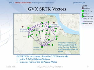 51
GVX SRTK Vectors
Design of Networks Using NOS NGS 92
GVX SRTK Vectors connect from the 3 GVX Base Marks
• to the 3 GVX Validation Stations
• to one or more of the 18 Passive Marks
GVX Base 3
(to 10 marks)
GVX Base 2
(to 10 marks)
GVX Base 1
(to 10 marks)
Note that some Passive
Marks are observed from
more than one GVX Base
thus forming joined vector
chains.
April 21, 2025
 