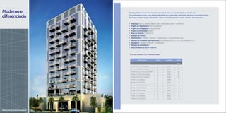 moderno e                         O Design Offices Tower foi projetado em pele de vidro, trazendo elegância à fachada.

diferenciado                      Um acabamento único, com ganhos eficientes em iluminação, isolamento térmico e controle acústico.
                                  Por fora, o melhor design. Por dentro, todos os benefícios para o maior conforto do empresário.


                                  •	   Endereço: Rua Dr. Antônio Bento, 560 – Alto da Boa Vista – São Paulo
                                  •	   Projeto	de	Arquitetura: STA Arquitetura
                                  •	   Projeto	de	Paisagismo: Martha Gavião
                                  •	   Projeto	de	Decoração: Maena
                                  •	   Área	do	Terreno: 1.702,09 m2
                                  •	   Número	de	Torres: 1
                                  •	   Pavimentos: 1 subsolo + térreo + 2 sobressolos + 13 pavimentos tipo
                                  •	   Número	de	Unidades	por	Pavimento: 12 unidades do 1º ao 12º e 6 unidades no 13º.
                                  •	   Garagens: 1 subsolo + térreo + 2 sobresolos
                                  •	   Número	de	Elevadores: 4
                                  •	   Área	privativa	de	30	m2 a 444 m2


                                  Total de unidades: 150 unidades, sendo:


                                                 tipo de unidade         Vagas    A. privativa   quant.

                                                                                                 150
                                       Finais 1 e 4 (1º ao 11ºpav)        1        42,57          22
                                       Finais 2 e 3 (1º ao 11ºpav)        1        30,32          22
                                       Finais 5,6,11,12 (1º ao 11ºpav)    1        32,33          44
                                       Finais 7 e 10 (1º ao 11ºpav)       1        45,31          22
                                       Finais 8 e 9 (1º ao 11ºpav)        1        39,63          22
                                       Finais 1 e 4 (12ºpav)              1        39,69           2
                                       Finais 2 e 3 (12ºpav)              1        30,32           2
                                       Finais 5,6,11,12 (12º pav)         1        32,33           4
                                       Finais 7 e 10 (12ºpav)             1        42,43           2
                                       Finais 8 e 9 (12º pav)             1        39,63           2
                                       Finais 1 e 2 (13pav)               1        69,11           2
                                       Finais 3 e 6 (13ºpav)              1        58,03           2
                                       Finais 4 e 5 (13º pav)             1        77,40           2




peRspeCtiVA ilUstRADADA fAChADA
 