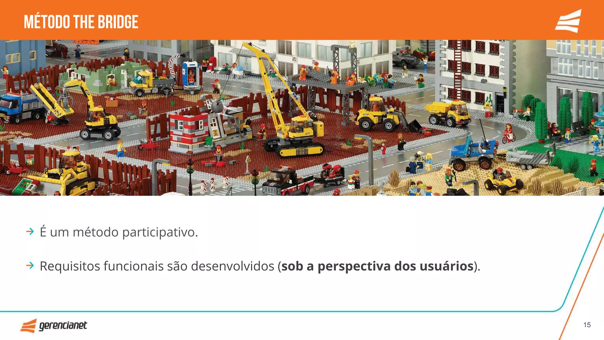 15
MÉTODO thebridge
É um método participativo.
Requisitos funcionais são desenvolvidos (sob a perspectiva dos usuários).
 