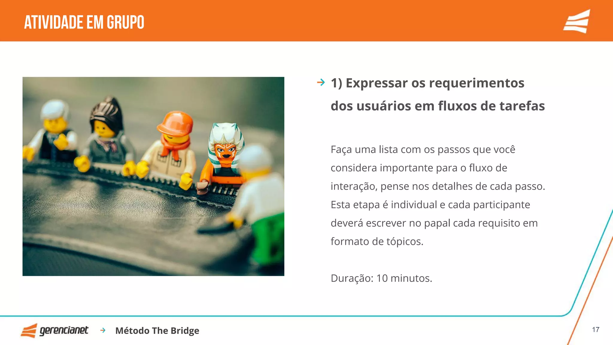 17
ATIVIDADEEM GRUPO
1) Expressar os requerimentos
dos usuários em fluxos de tarefas
Faça uma lista com os passos que você
considera importante para o fluxo de
interação, pense nos detalhes de cada passo.
Esta etapa é individual e cada participante
deverá escrever no papal cada requisito em
formato de tópicos.
Duração: 10 minutos.
Método The Bridge
 