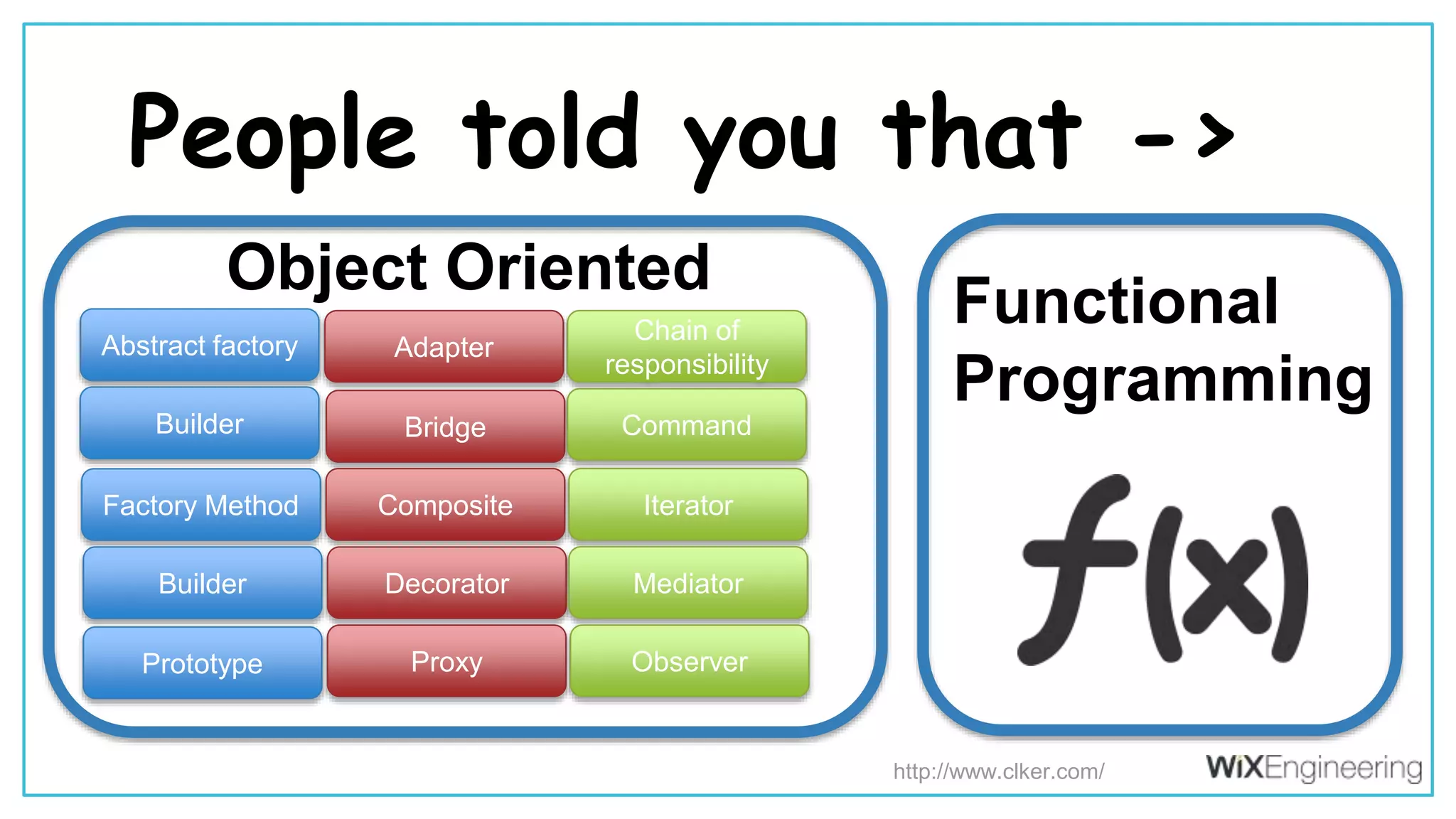 @kfirondev People told you that -> Abstract factory Builder Factory Method Builder Prototype Adapter Bridge Composite Decorator Proxy Chain of responsibility Command Iterator Mediator Observer Object Oriented Functional Programming http://www.clker.com/ 